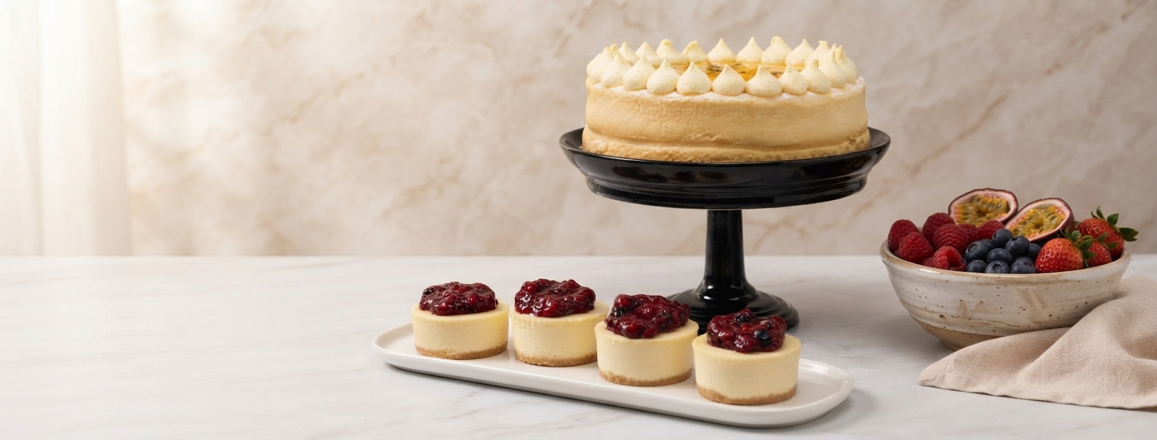 Decadent chocolate drip torte topped with fresh berries, displayed on a cake stand